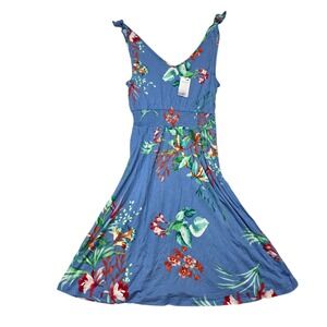 NEW Lascana Floral Sundress Womens 4 Blue Tropical V-Neck Smocked Waist Viscose